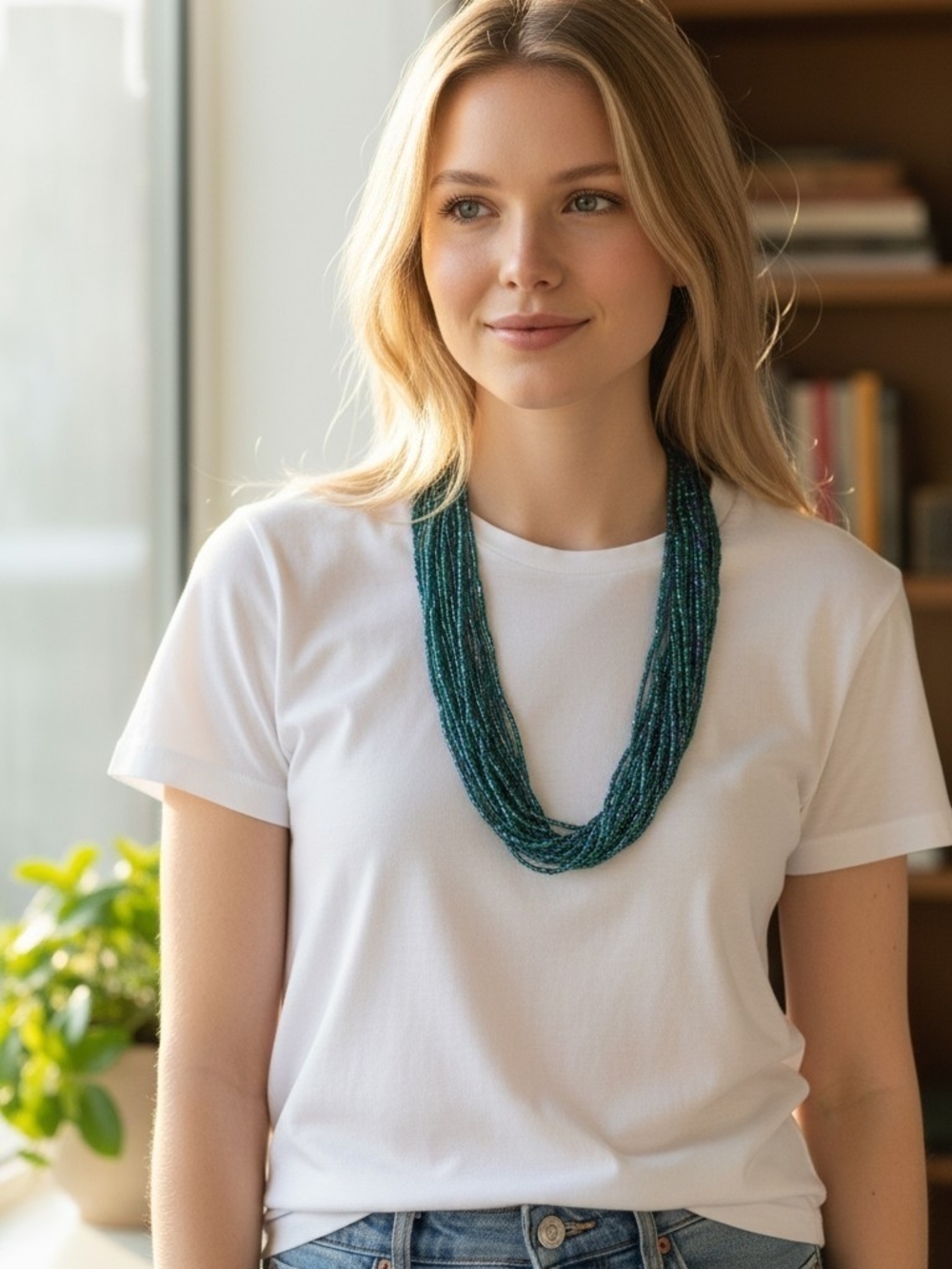 Handmade Multi-Strand Teal Beaded Necklace - Women Jewelry